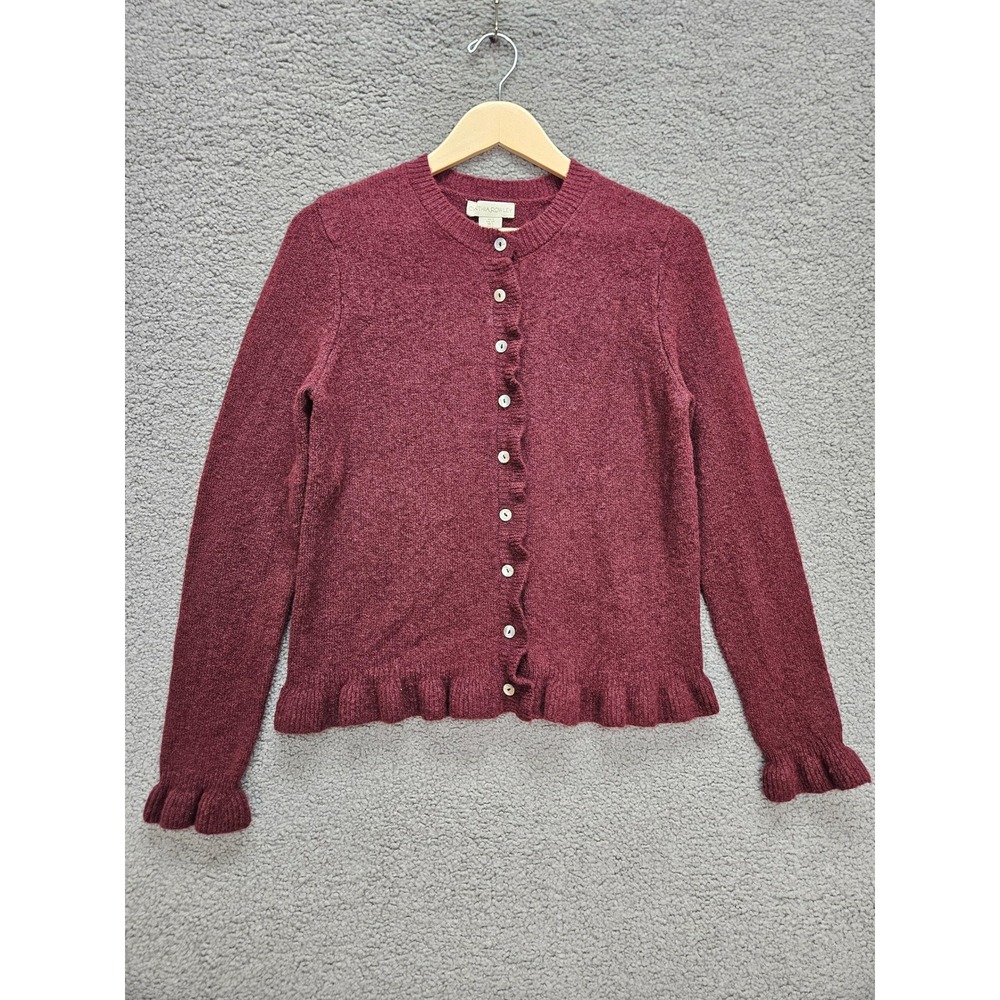 Cynthia Rowley Cardigan Sweater S Burgundy Ruffle Trim Button Front Coquette